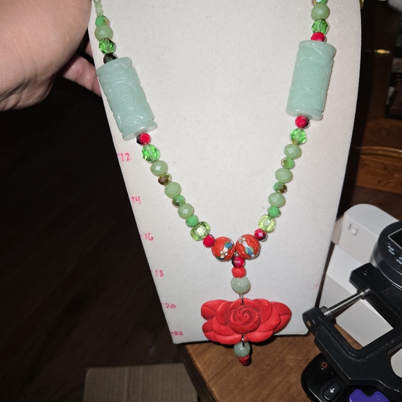 TESOROZ DEL REY Jewelry - Artisan Jade & Carved Red Rose Cinnabar Crystal Necklace